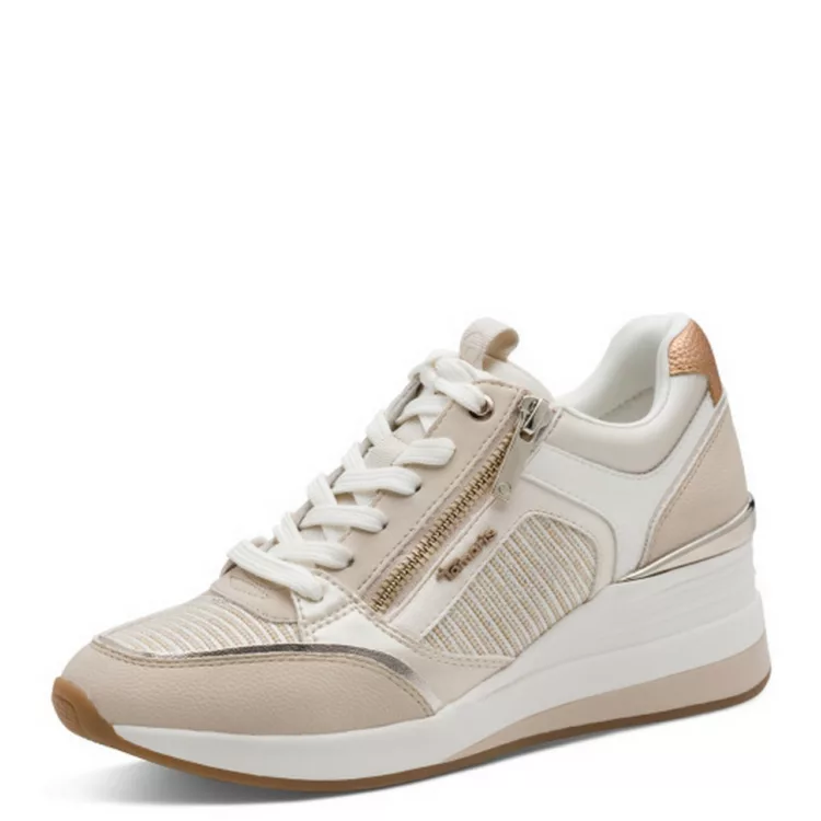 Baskets compensées beiges pour femme de la marque Tamaris. Référence : 23703-41 402 Beige Comb. Disponible chez Chauss'Family magasin de chaussures Issoire.