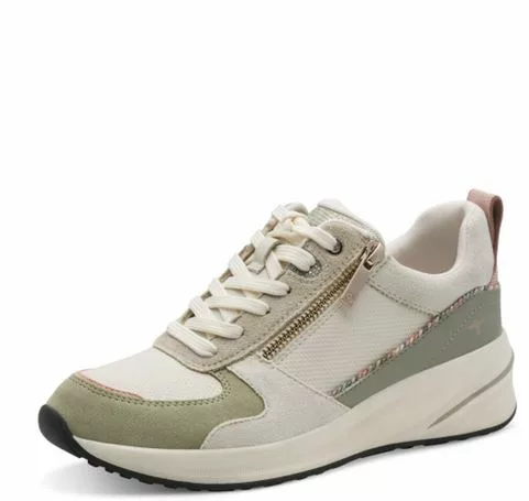 Baskets blanches et vertes compensées Tamaris pour femme. Référence 23754-45 770 Sage Comb. Disponible chez Chauss'Family magasin de chaussures Issoire.