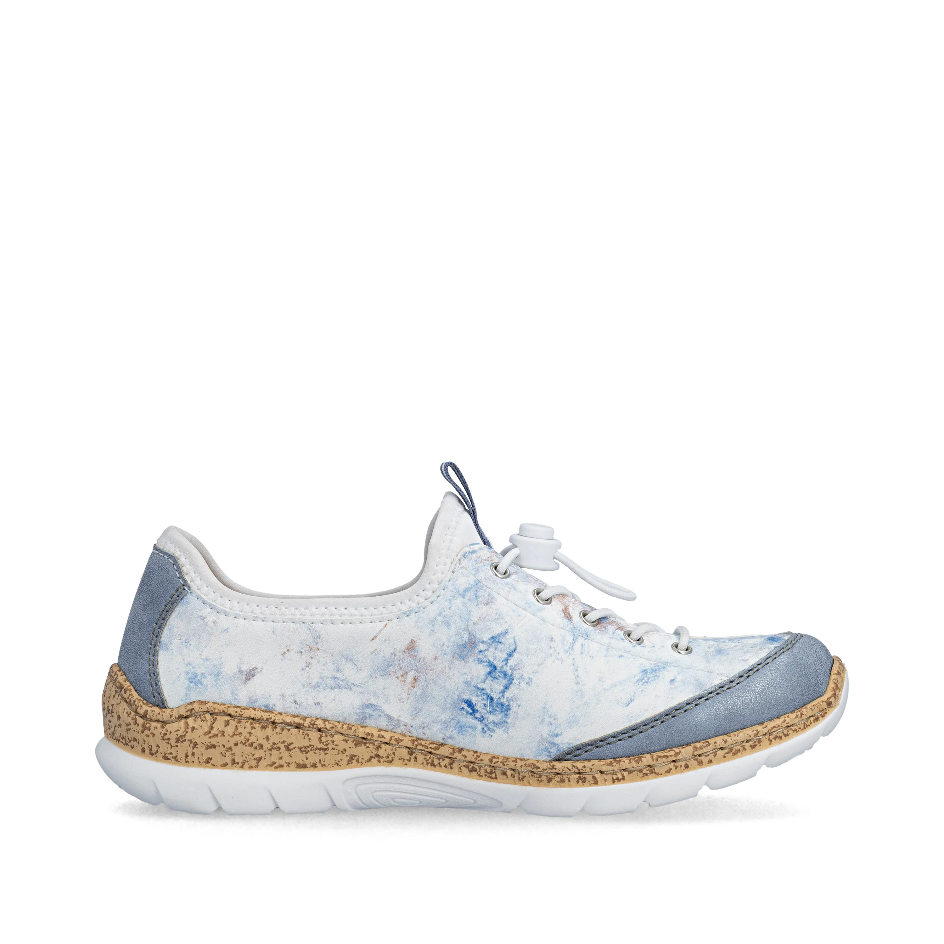 Baskets blanches et bleues élastiquées Rieker pour femme. Référence : N42k6-90 Bleu. Disponible chez Chauss'Family magasin de chaussures pour femme.