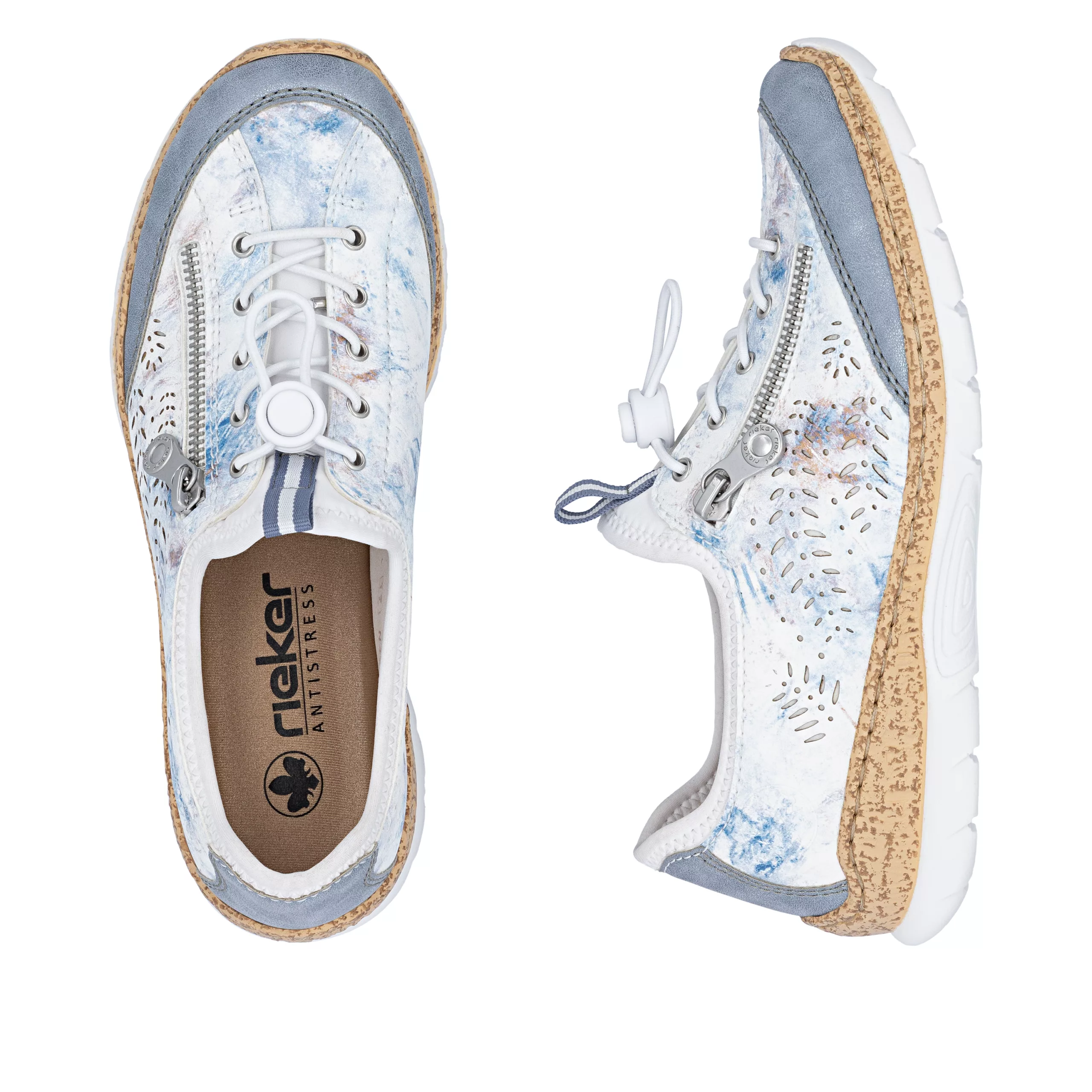 Baskets blanches et bleues élastiquées Rieker pour femme. Référence : N42k6-90 Bleu. Disponible chez Chauss'Family magasin de chaussures pour femme.