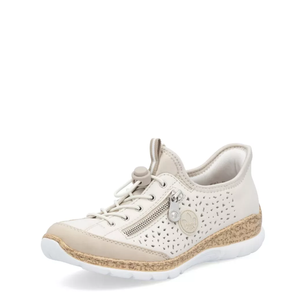 Baskets beiges élastiquées Rieker pour femme. Référence : N42V3-60 Beige. Disponible chez Chauss'Family magasin de chaussures pour femme.