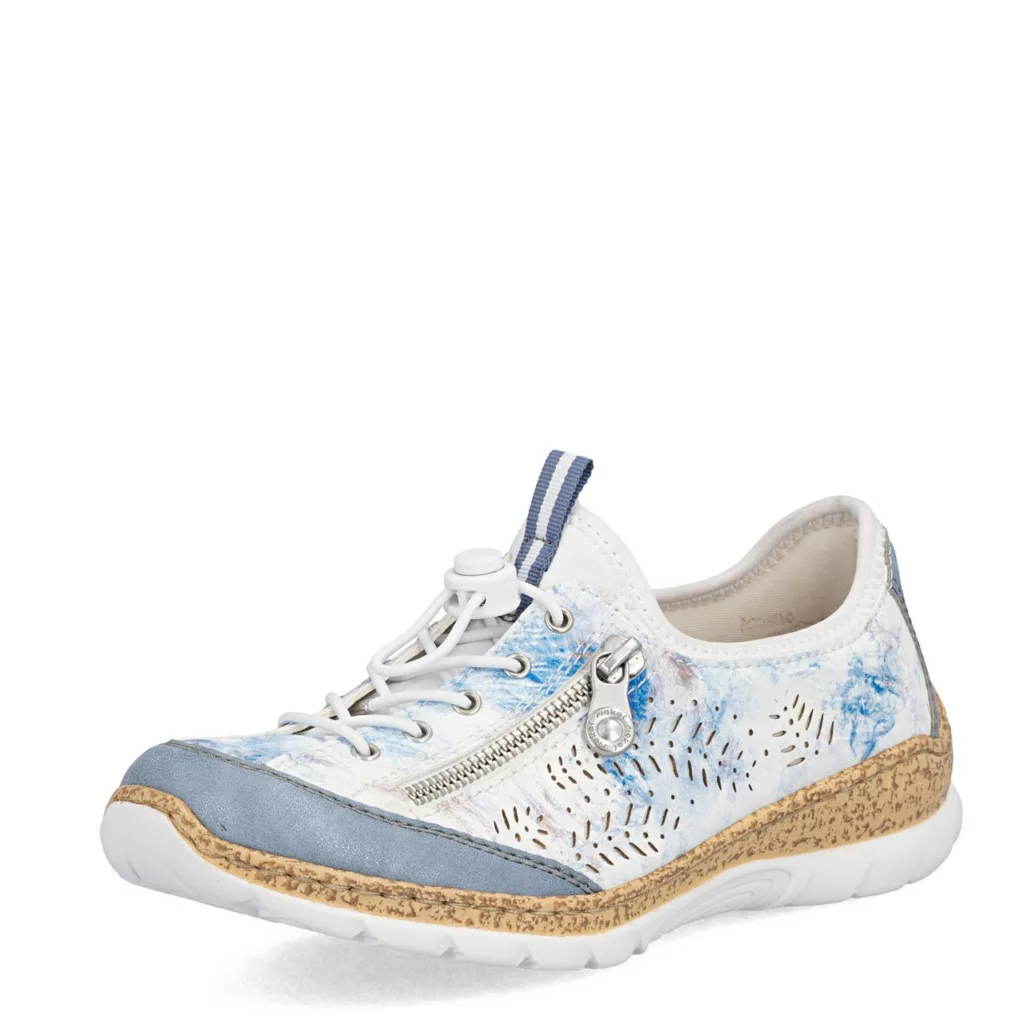 Baskets blanches et bleues élastiquées Rieker pour femme. Référence : N42K6-90 Bleu. Disponible chez Chauss'Family magasin de chaussures pour femme.