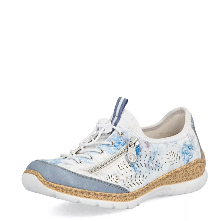 Baskets blanches et bleues élastiquées Rieker pour femme. Référence : N42K6-90 Bleu. Disponible chez Chauss'Family magasin de chaussures pour femme.