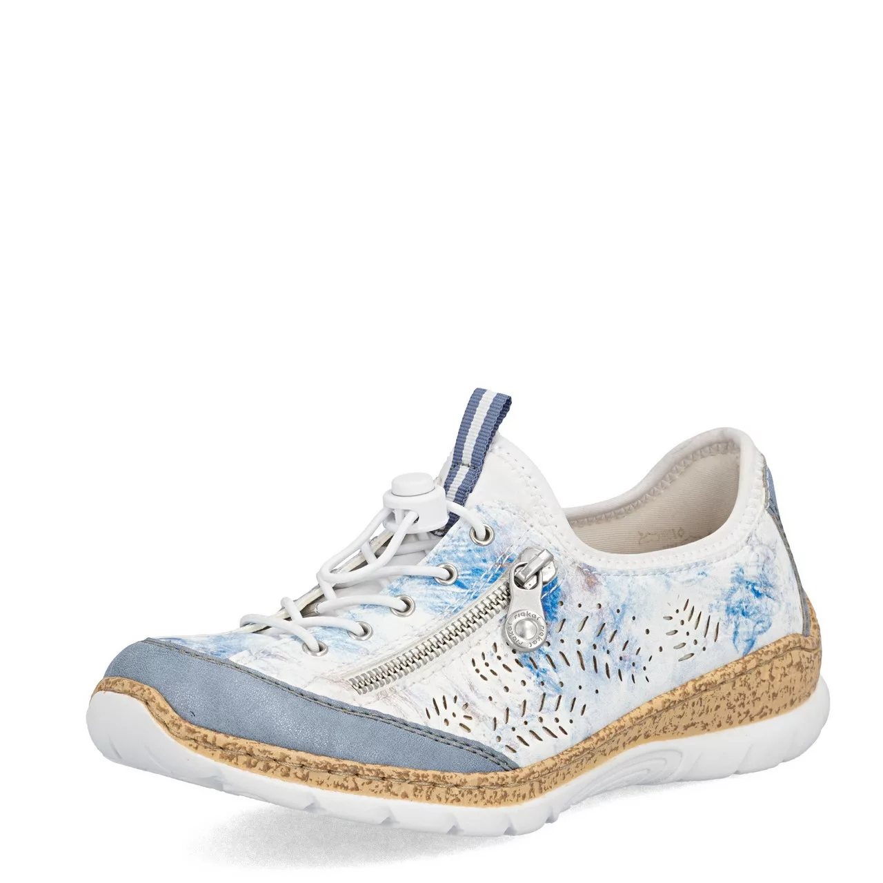 Baskets blanches et bleues élastiquées Rieker pour femme. Référence : N42K6-90 Bleu. Disponible chez Chauss'Family magasin de chaussures pour femme.