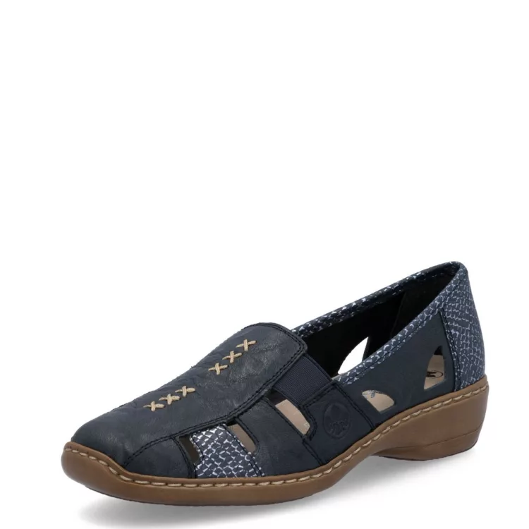 Mocassins bleus de la marque Rieker. Référence 41385-15 Bleu. Disponible chez Chauss'Family magasin de chaussures à Issoire.