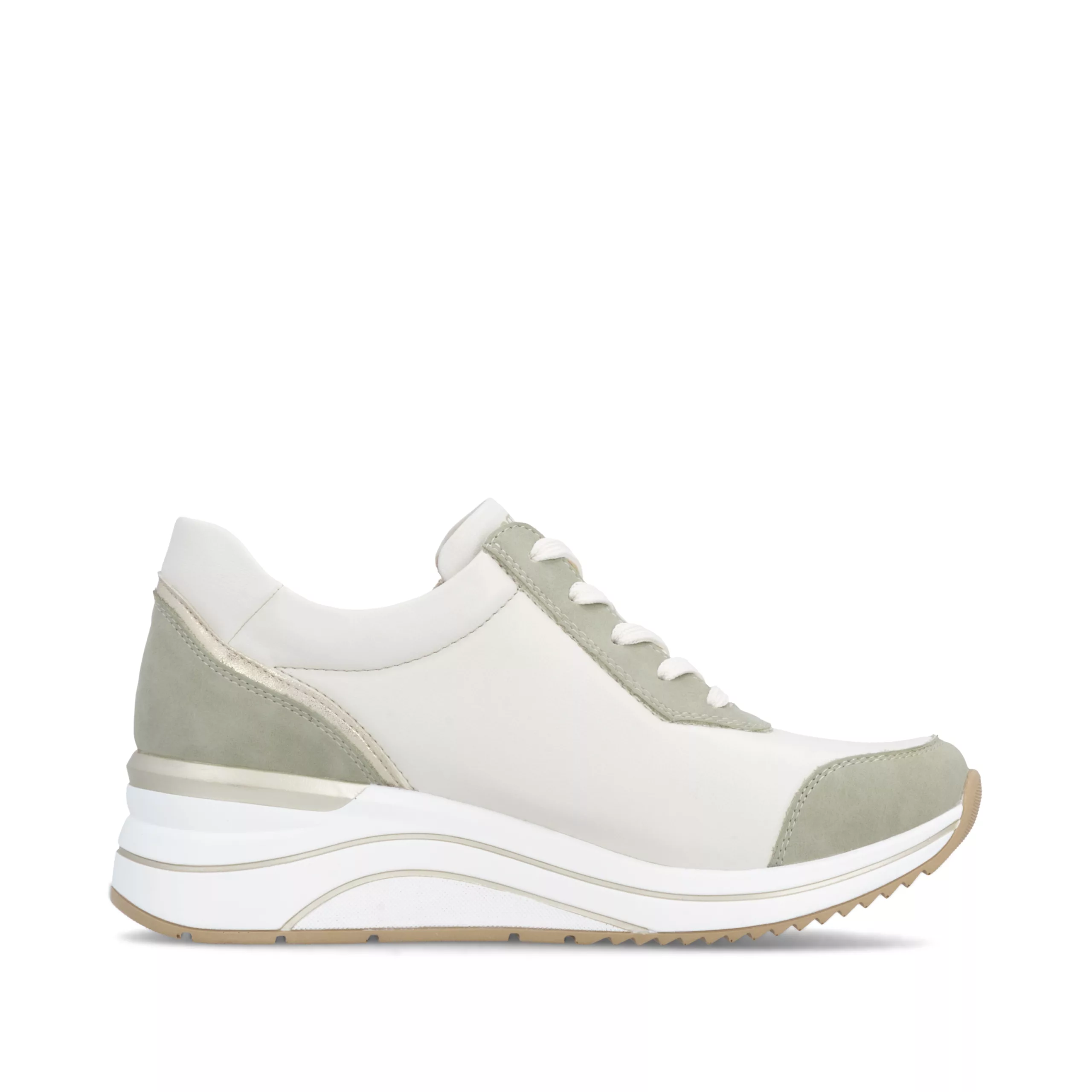 Baskets compensées beiges et vertes Remonte pour femme. Référence D0T10-82 Blanc et vert. Disponible chez Chauss'Family magasin de chaussures Issoire.