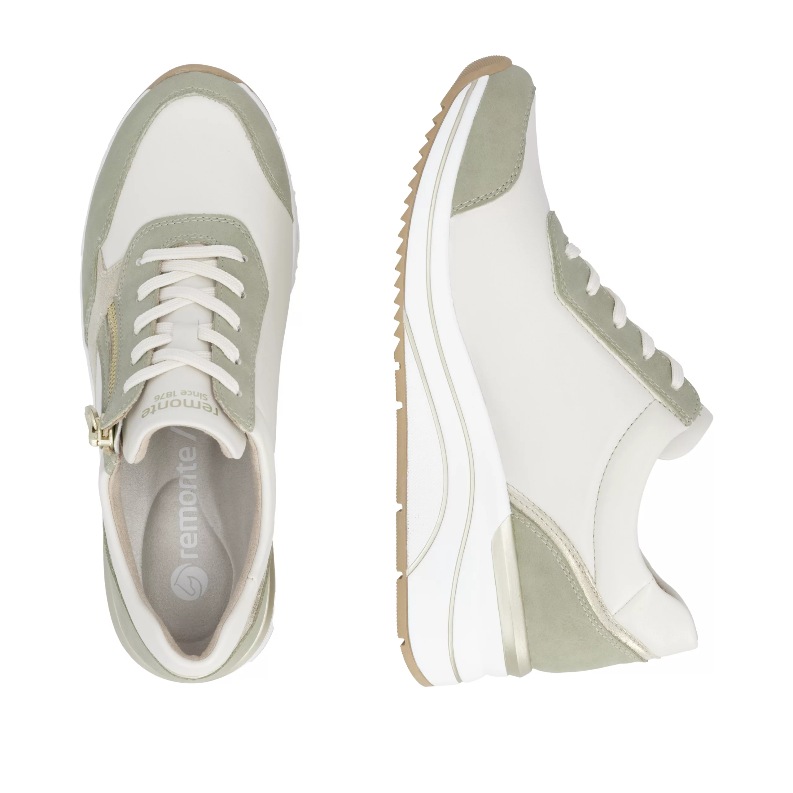 Baskets compensées beiges et vertes Remonte pour femme. Référence D0T10-82 Blanc et vert. Disponible chez Chauss'Family magasin de chaussures Issoire.