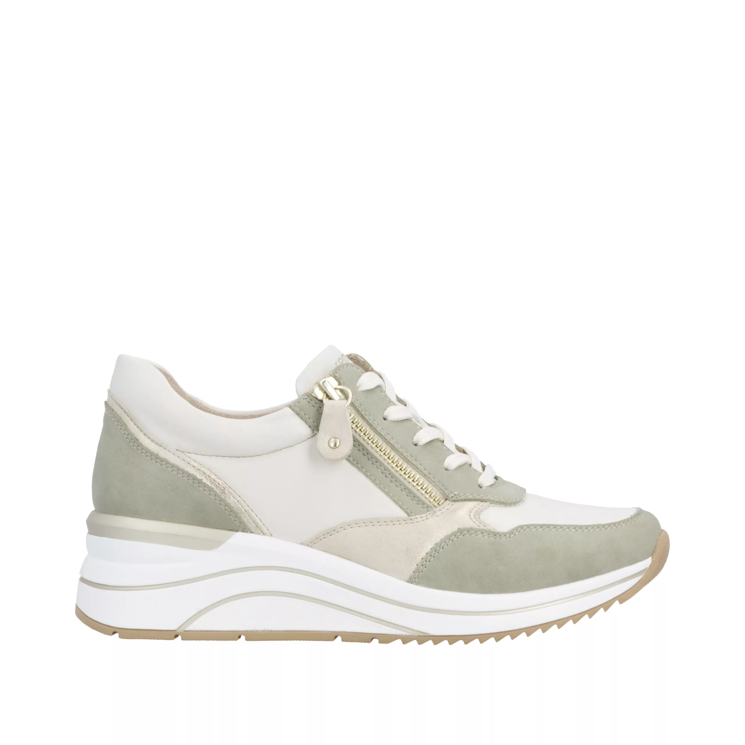 Baskets compensées beiges et vertes Remonte pour femme. Référence D0T10-82 Blanc et vert. Disponible chez Chauss'Family magasin de chaussures Issoire.