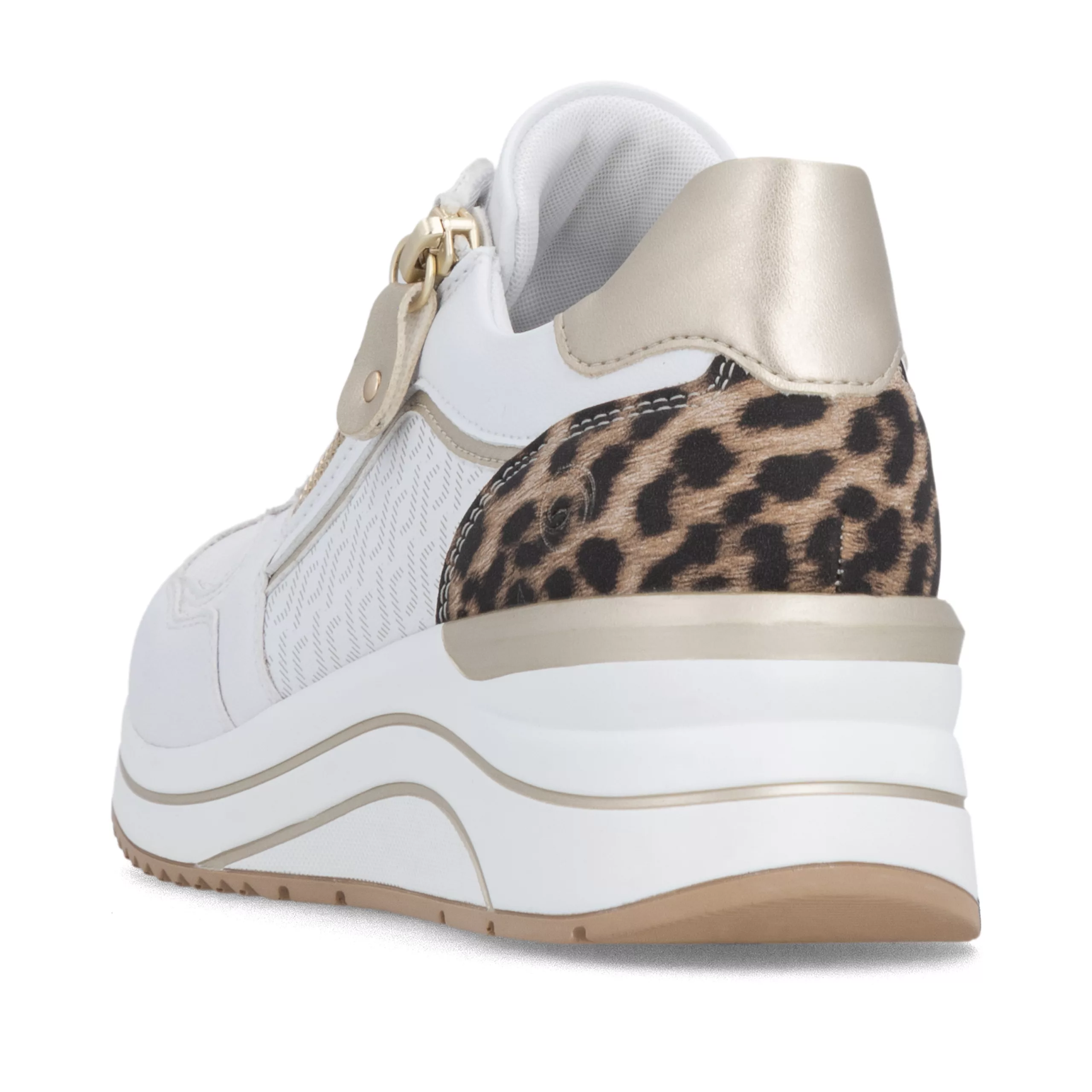 Baskets compensées blanches et léopard Remonte pour femme. Référence D0T10-81 Blanc. Disponible chez Chauss'Family magasin de chaussures Issoire.