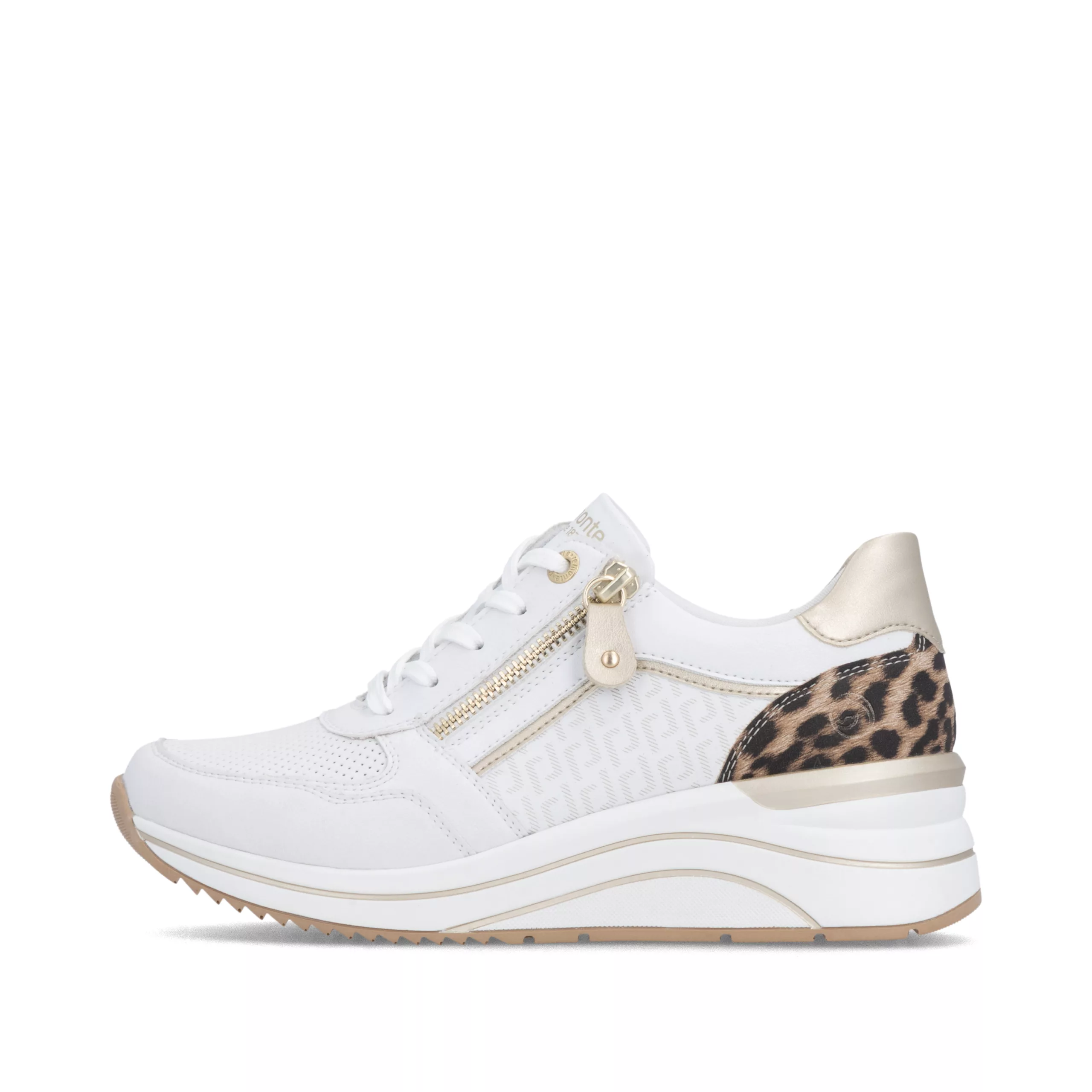 Baskets compensées blanches et léopard Remonte pour femme. Référence D0T10-81 Blanc. Disponible chez Chauss'Family magasin de chaussures Issoire.