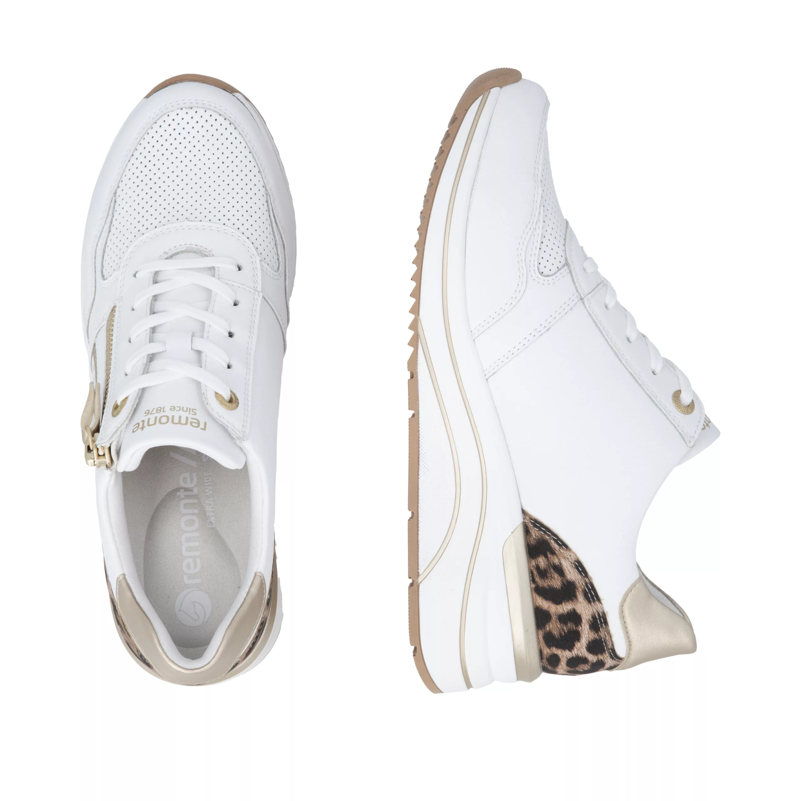 Baskets compensées blanches et léopard Remonte pour femme. Référence D0T10-81 Blanc. Disponible chez Chauss'Family magasin de chaussures Issoire.