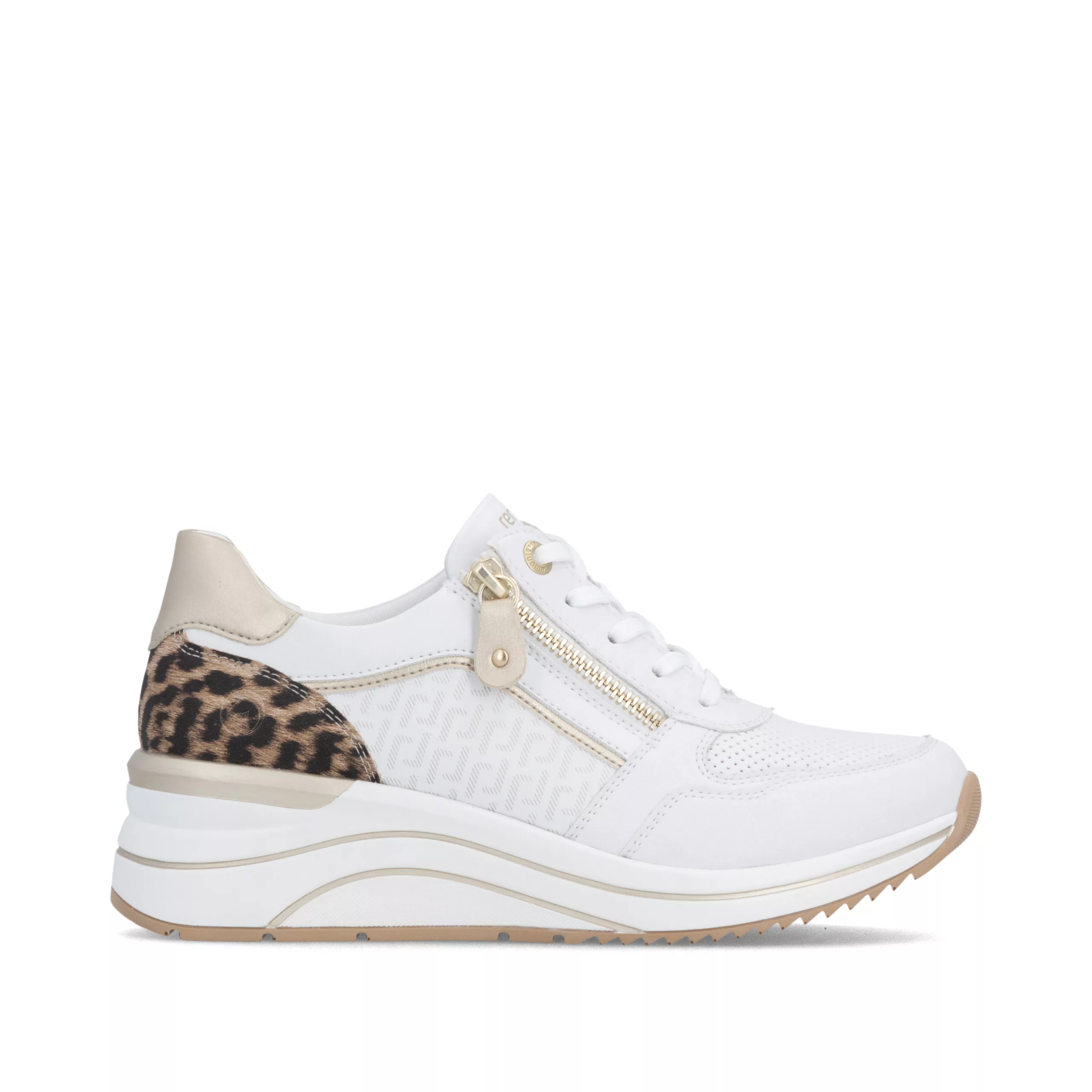 Baskets compensées blanches et léopard Remonte pour femme. Référence D0T10-81 Blanc. Disponible chez Chauss'Family magasin de chaussures Issoire.