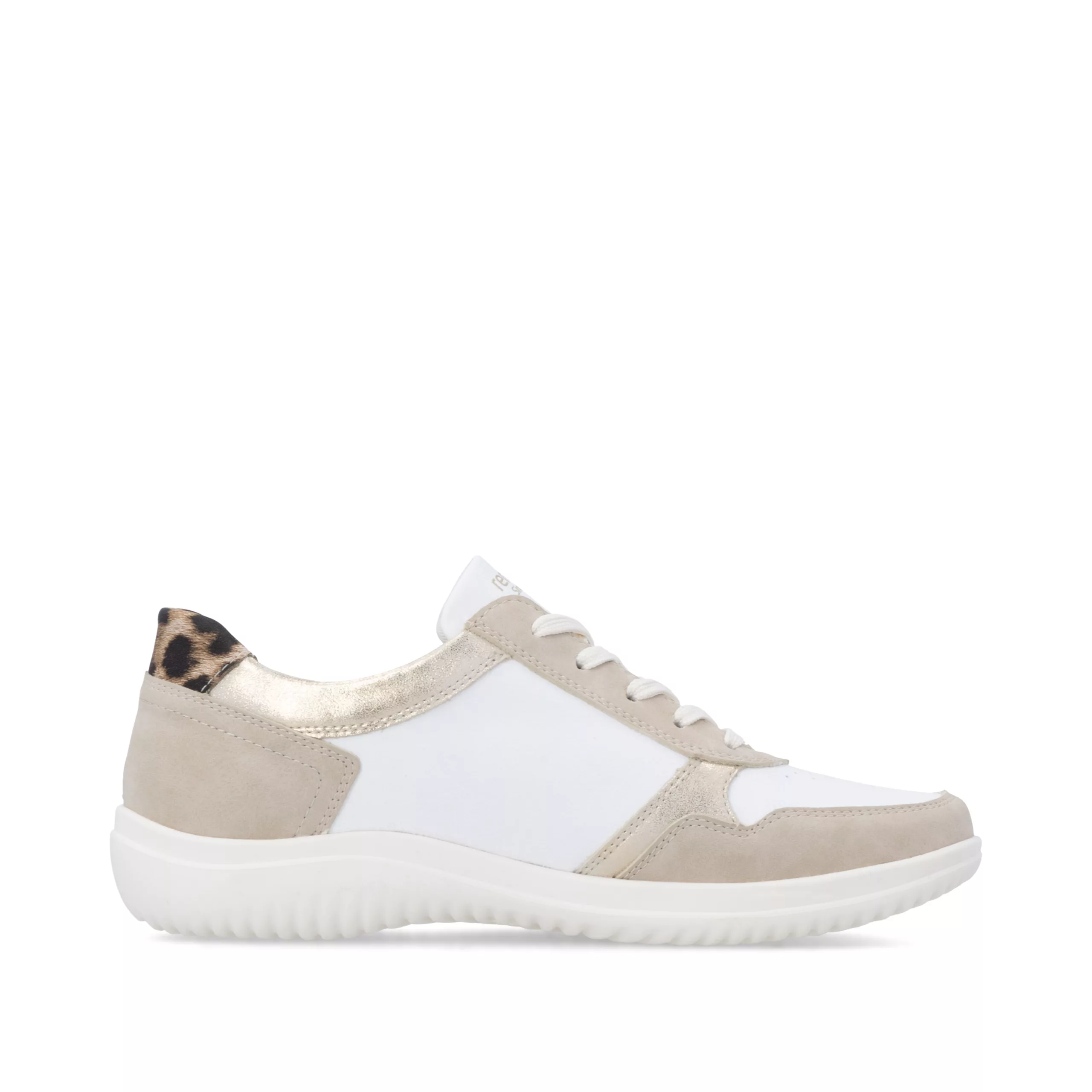 Baskets fines blanches et léopard Remonte pour femme. Référence D1E06-82 Blanc. Disponible chez Chauss'Family magasin de chaussures Issoire.