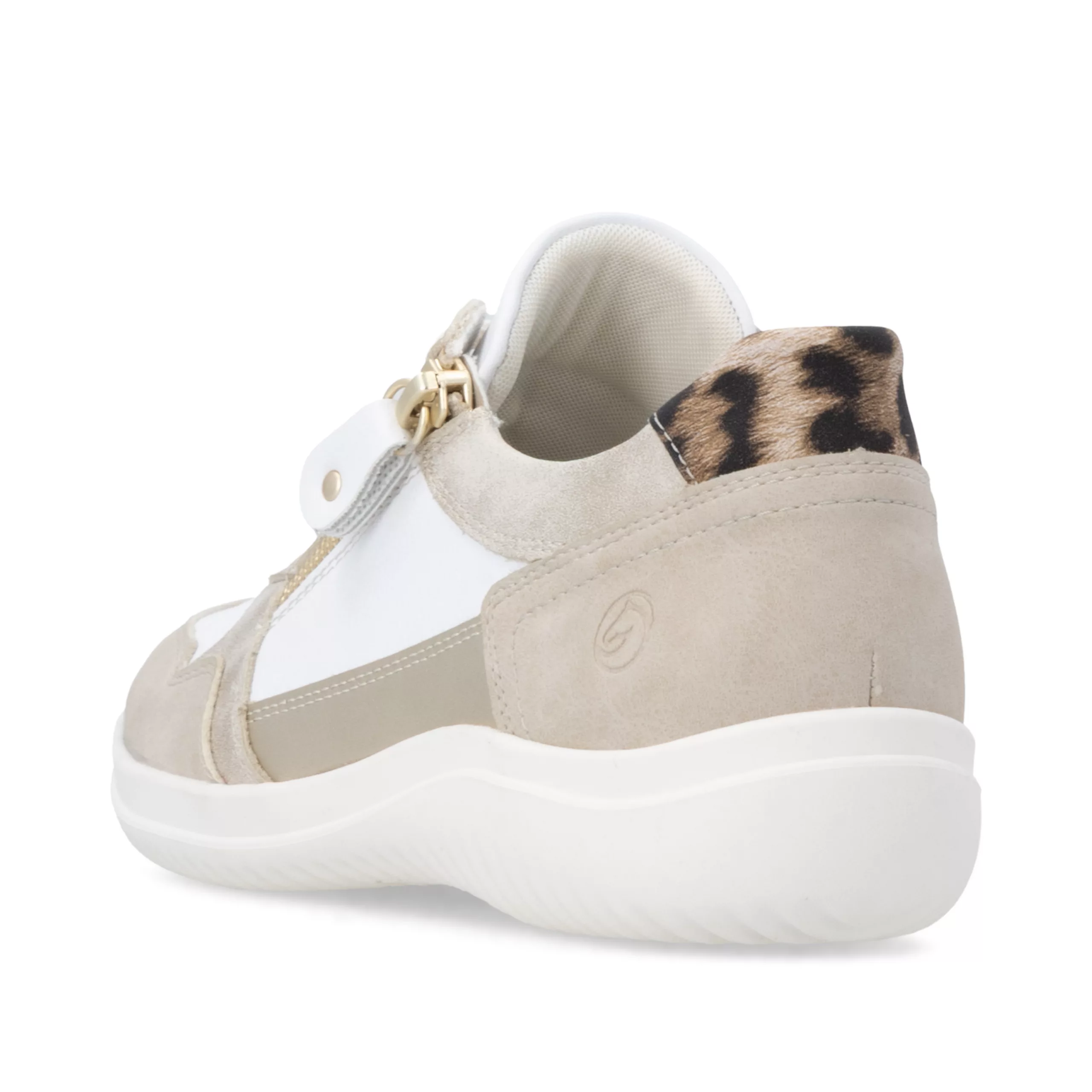 Baskets fines blanches et léopard Remonte pour femme. Référence D1E06-82 Blanc. Disponible chez Chauss'Family magasin de chaussures Issoire.