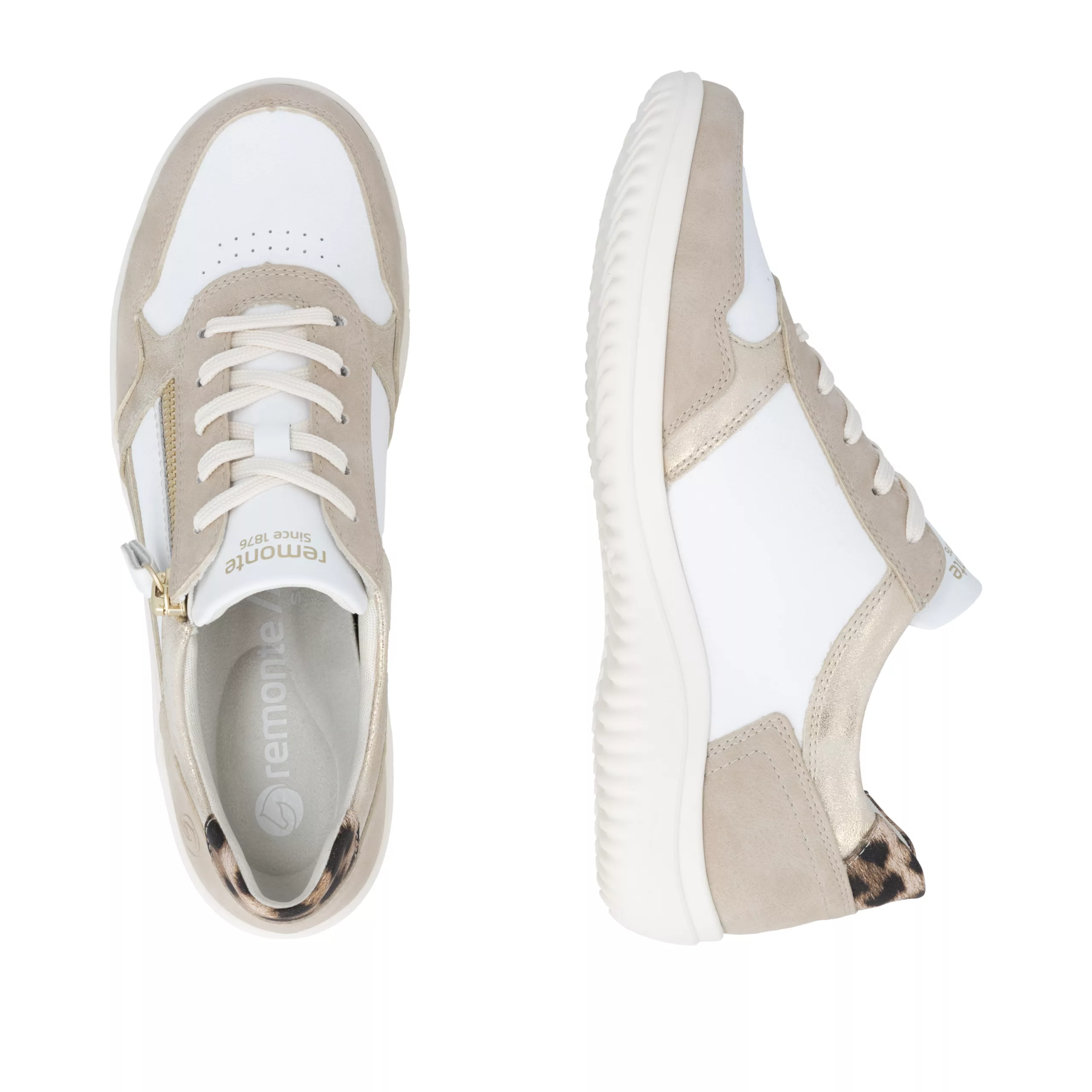 Baskets fines blanches et léopard Remonte pour femme. Référence D1E06-82 Blanc. Disponible chez Chauss'Family magasin de chaussures Issoire.