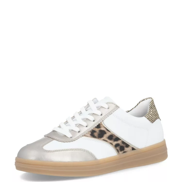 Baskets blanches dorées et léopard Remonte pour femme. Référence D2C05-80 Blanc Doré Léopard. Disponible chez Chauss'Family magasin de chaussures Issoire.