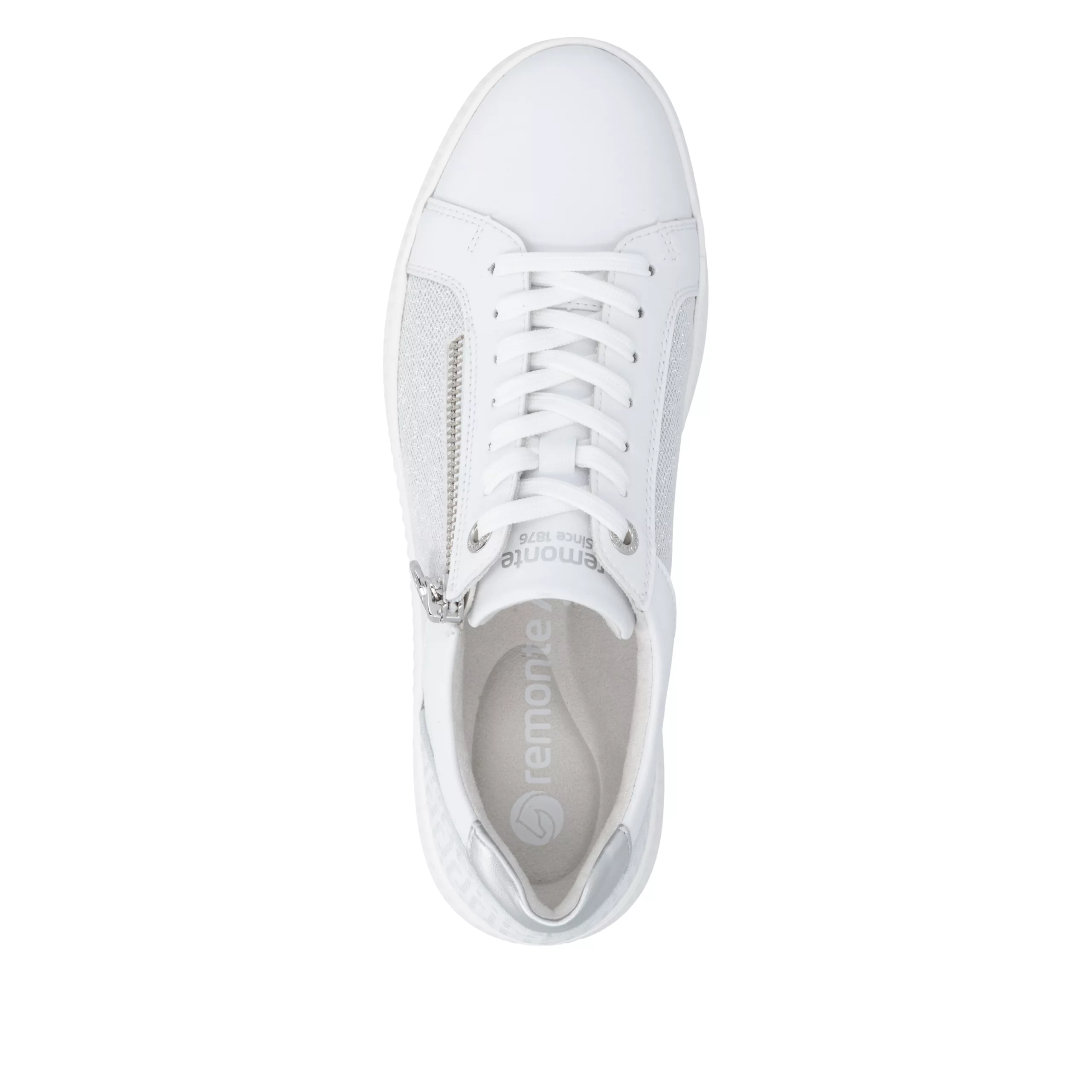 Baskets blanches et argentées Remonte pour femme. Référence D2E00-84 Silver. Disponible chez Chauss'Family magasin de chaussures Issoire.