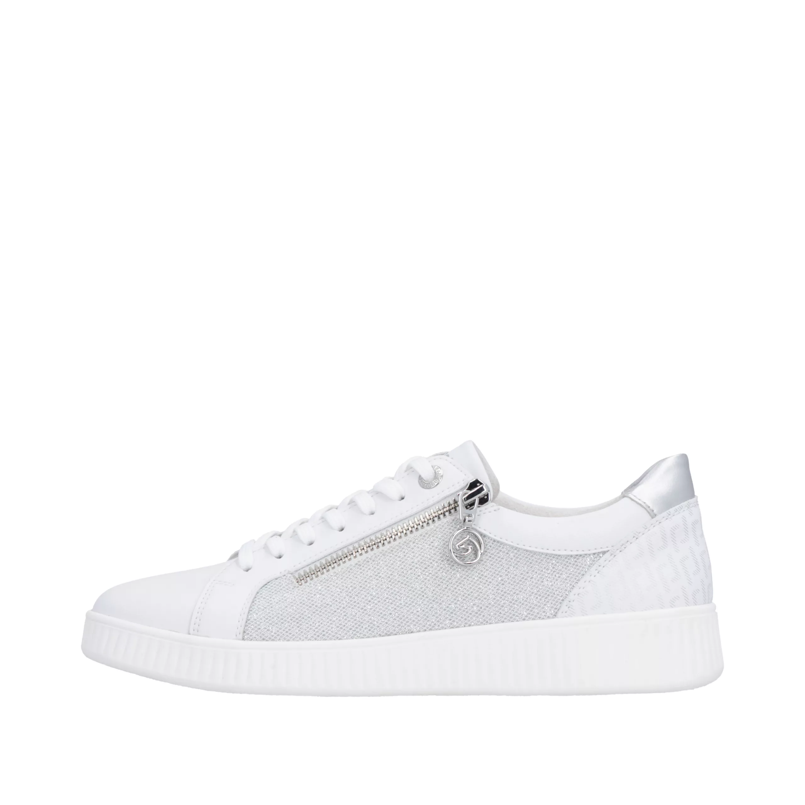 Baskets blanches et argentées Remonte pour femme. Référence D2E00-84 Silver. Disponible chez Chauss'Family magasin de chaussures Issoire.