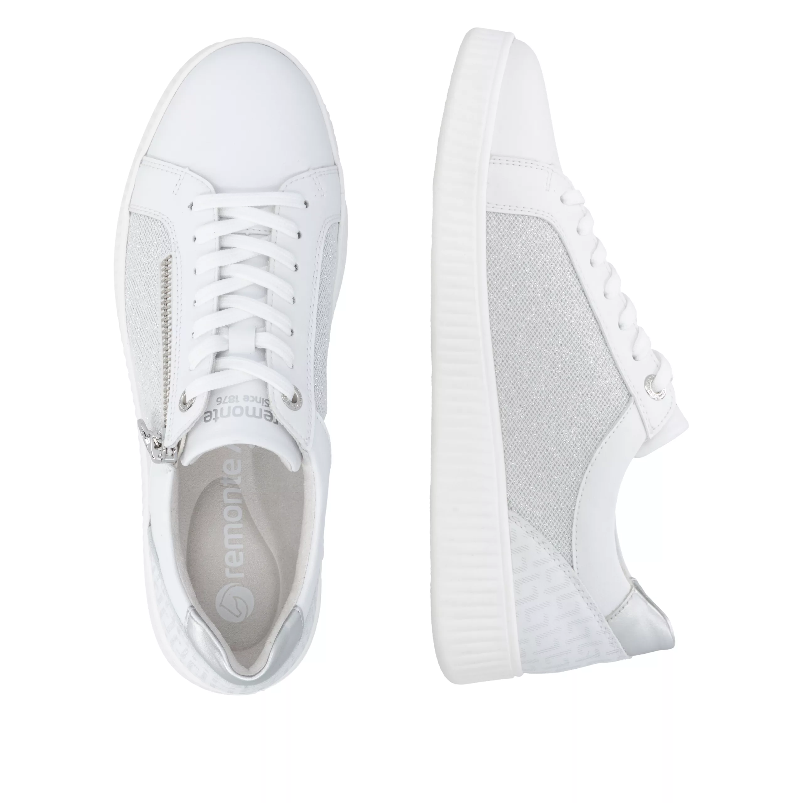 Baskets blanches et argentées Remonte pour femme. Référence D2E00-84 Silver. Disponible chez Chauss'Family magasin de chaussures Issoire.