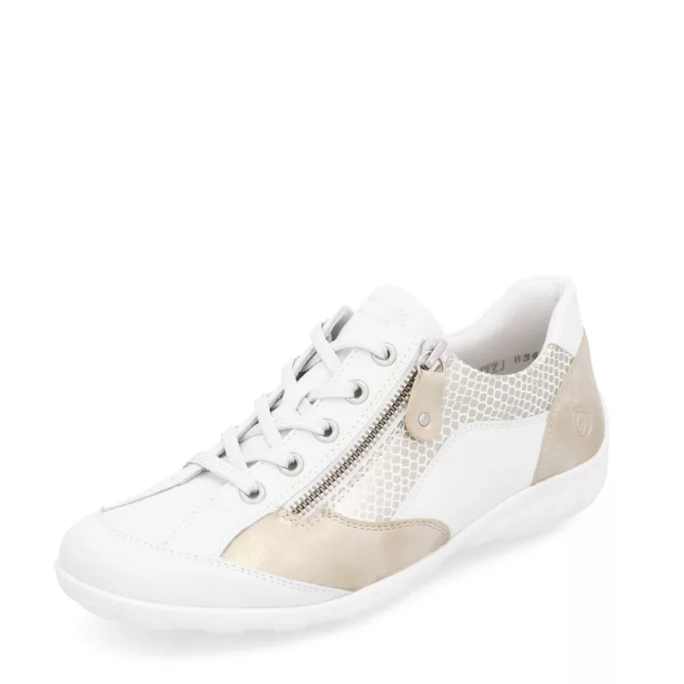Baskets fines blanches et dorées R3410-81 Blanc Remonte pour femme. Référence D1E00-81 Blanc. Disponible chez Chauss'Family magasin de chaussures Issoire.