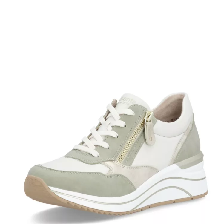 Baskets compensées beiges et vertes Remonte pour femme. Référence D0T10-82 Blanc et vert. Disponible chez Chauss'Family magasin de chaussures Issoire.