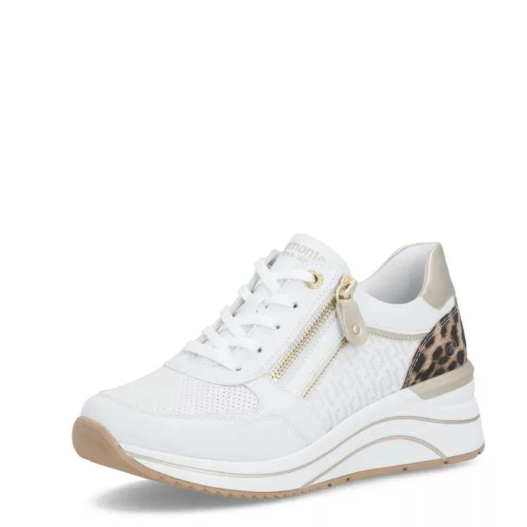 Baskets compensées blanches et léopard Remonte pour femme. Référence D0T10-81 Blanc. Disponible chez Chauss'Family magasin de chaussures Issoire.
