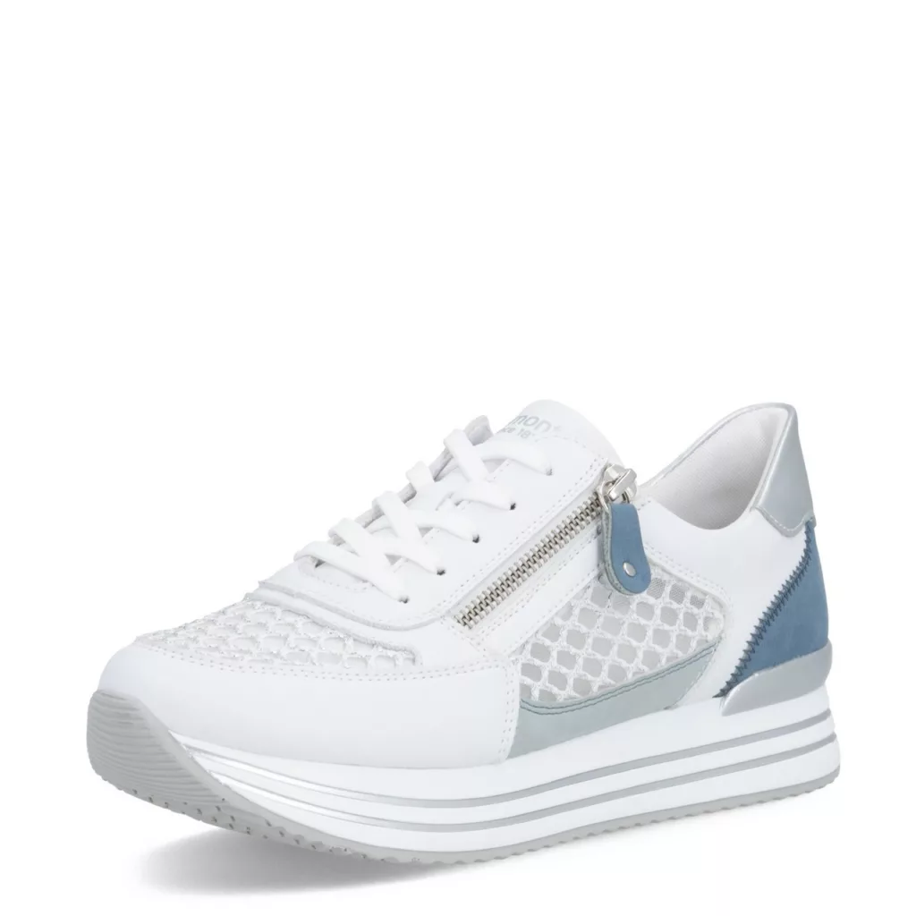 Baskets blanches et bleues à plateforme Remonte pour femme. Référence D1329-81 Blanc et Bleu. Disponible chez Chauss'Family magasin de chaussures Issoire.