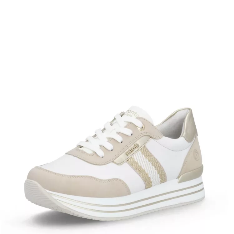 Baskets blanches et beiges à plateforme Remonte pour femme. Référence D1331-81 Blanc et Beige. Disponible chez Chauss'Family magasin de chaussures Issoire.