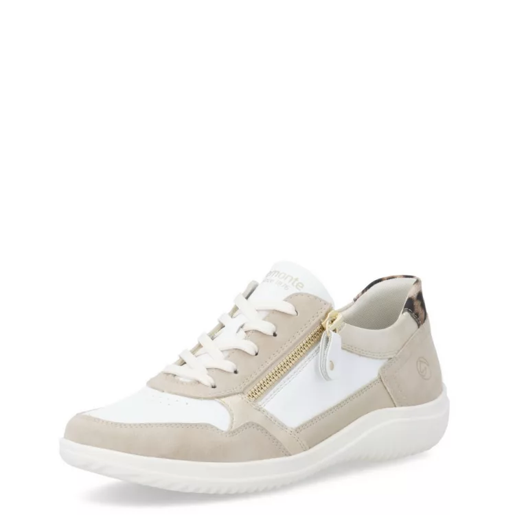 Baskets fines blanches et léopard Remonte pour femme. Référence D1E06-82 Blanc. Disponible chez Chauss'Family magasin de chaussures Issoire.