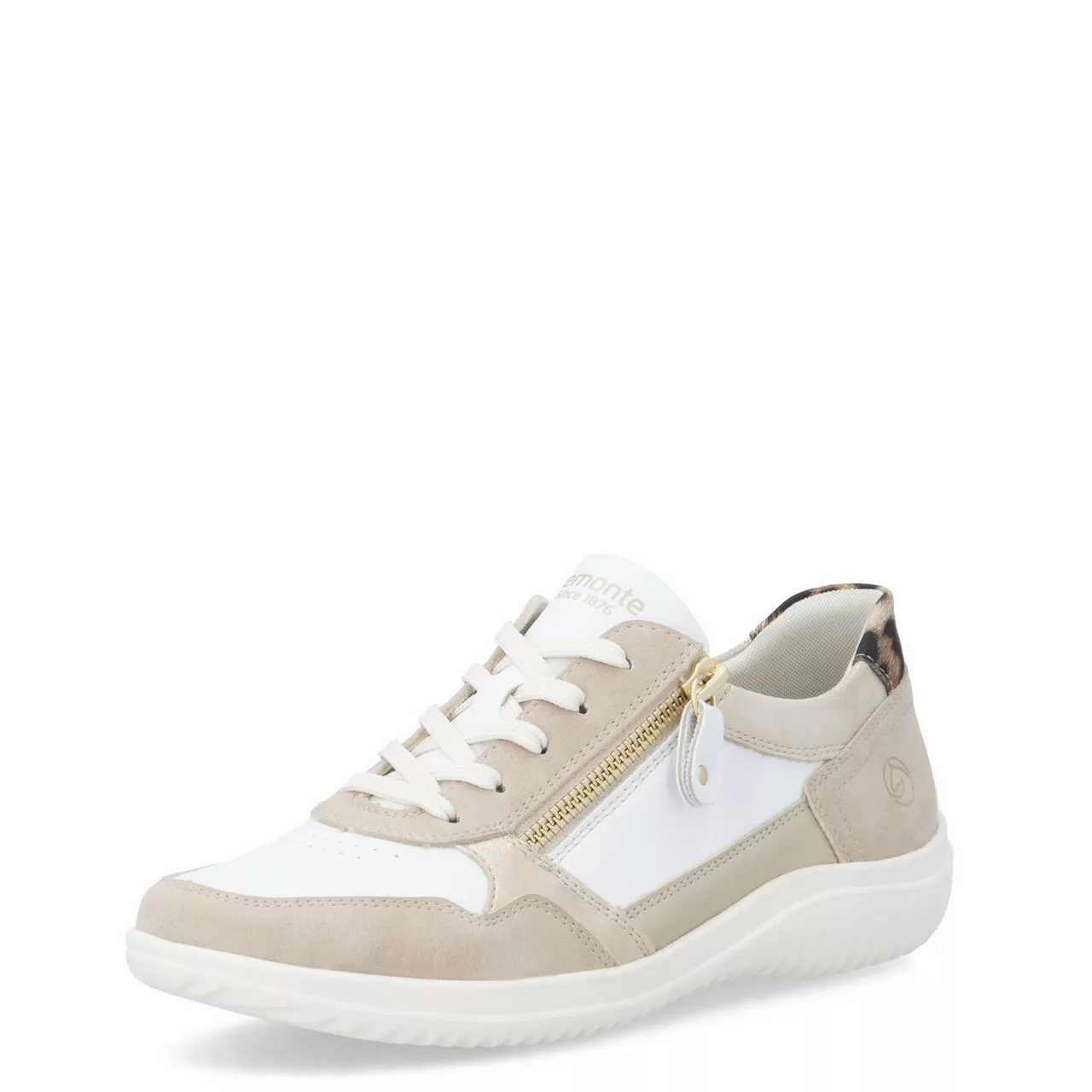 Baskets fines blanches et léopard Remonte pour femme. Référence D1E06-82 Blanc. Disponible chez Chauss'Family magasin de chaussures Issoire.