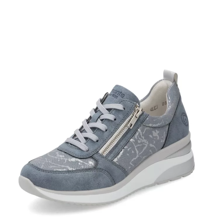 Baskets compensées bleues pour femme marque Remonte. Référence D2401-11 Bleu. Disponible chez Chauss'Family magasin de chaussures à Issoire.