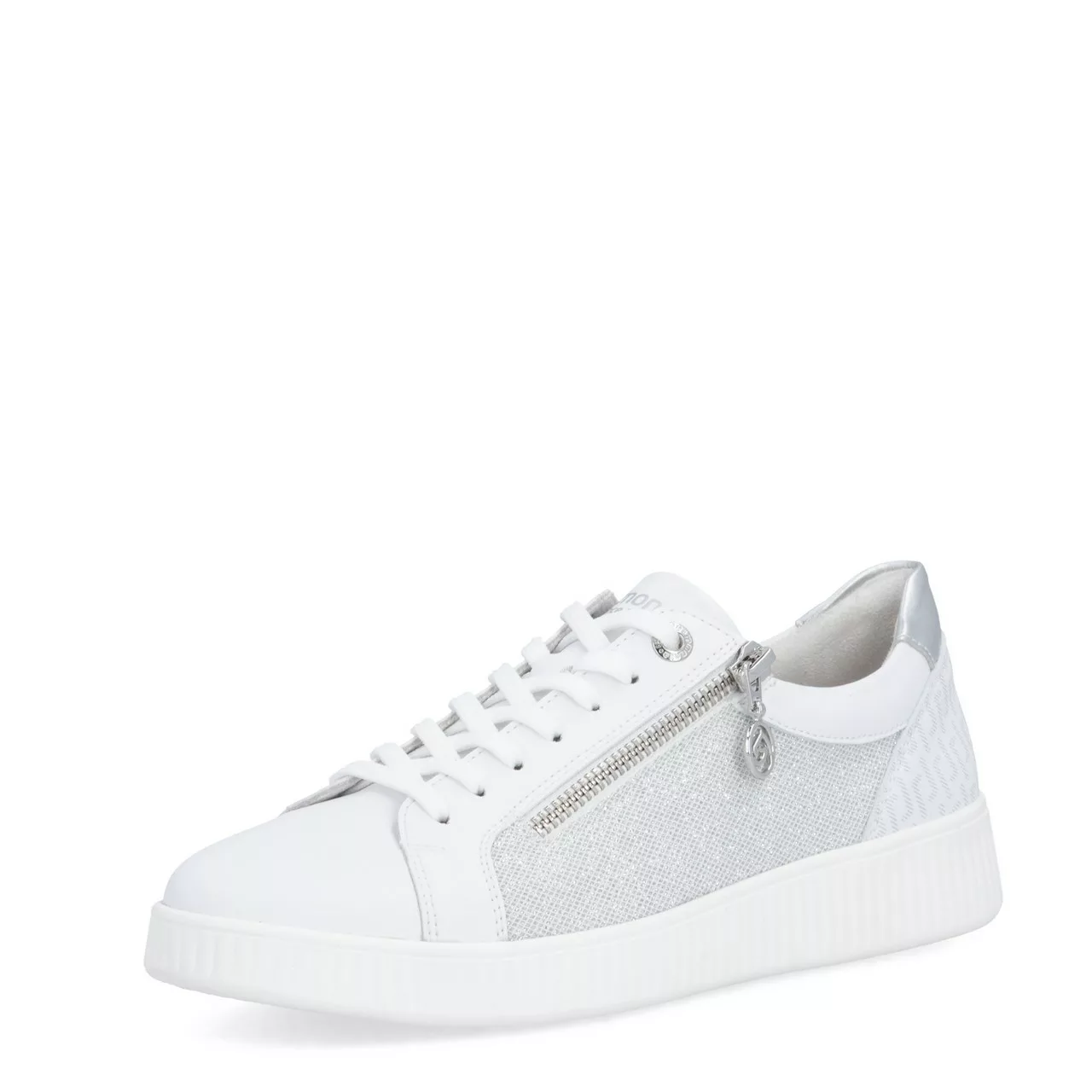 Baskets blanches et argentées Remonte pour femme. Référence D2E00-84 Silver. Disponible chez Chauss'Family magasin de chaussures Issoire.