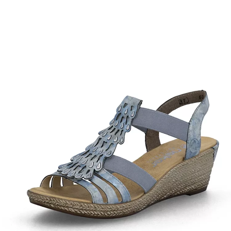 Sandales bleues compensées Rieker pour femme . Référence : 62436-12 Bleu. Disponible chez Chauss'Family magasin de chaussures à Issoire.