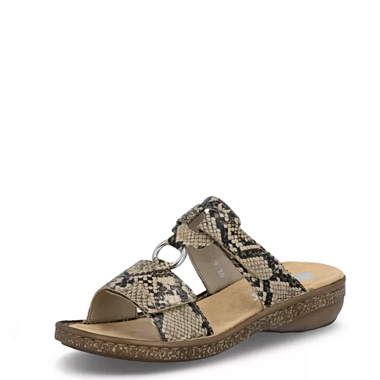 Mules réglables python de la marque Rieker. Référence 628P9-20 Boa . Disponible chez Chauss'Family magasin de chaussures à Issoire.