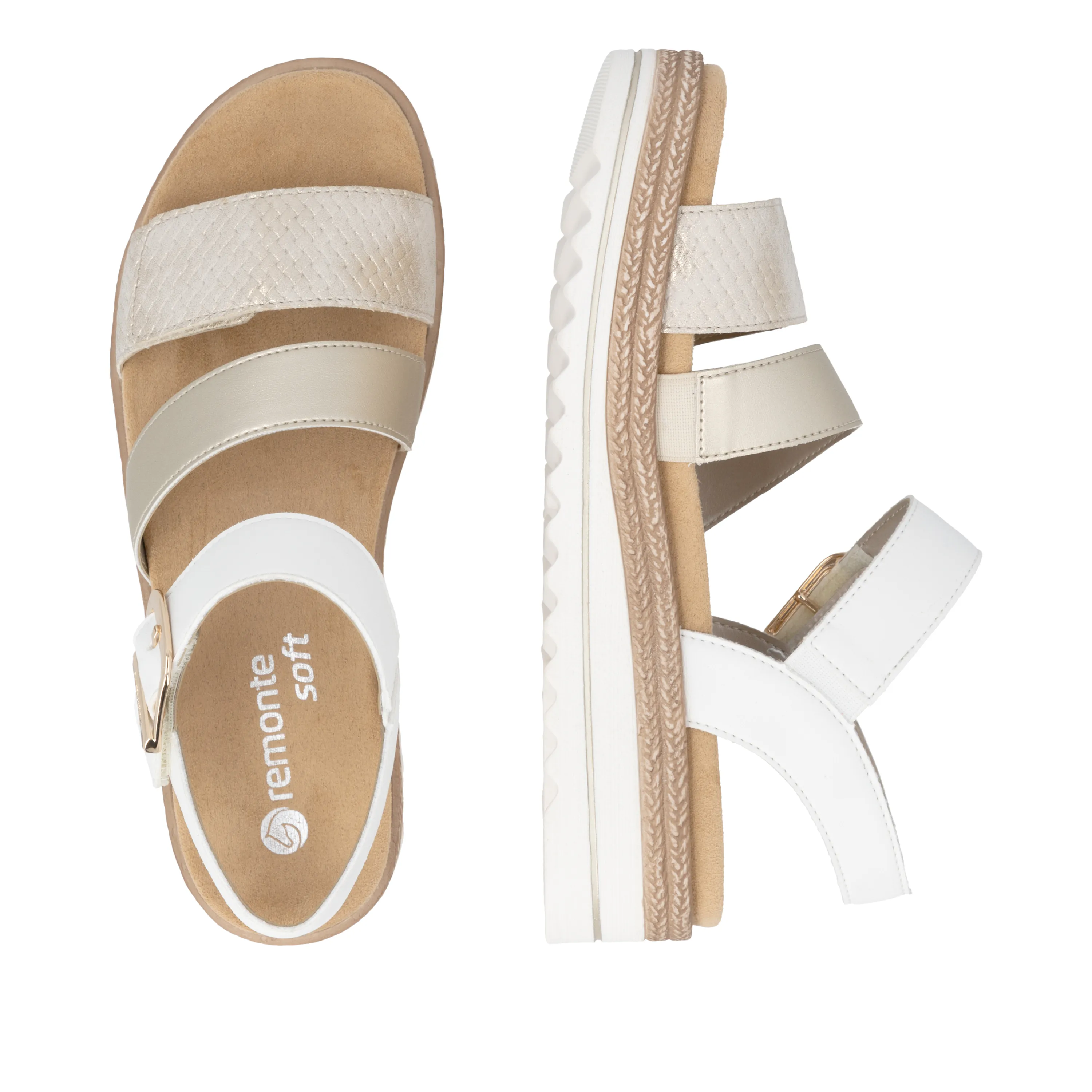Sandales semelles amovibles Beiges pour femme de la marque Remonte. Référence : D0Q55-92 Beige. Disponible chez Chauss'Family magasin de chaussure à Issoire