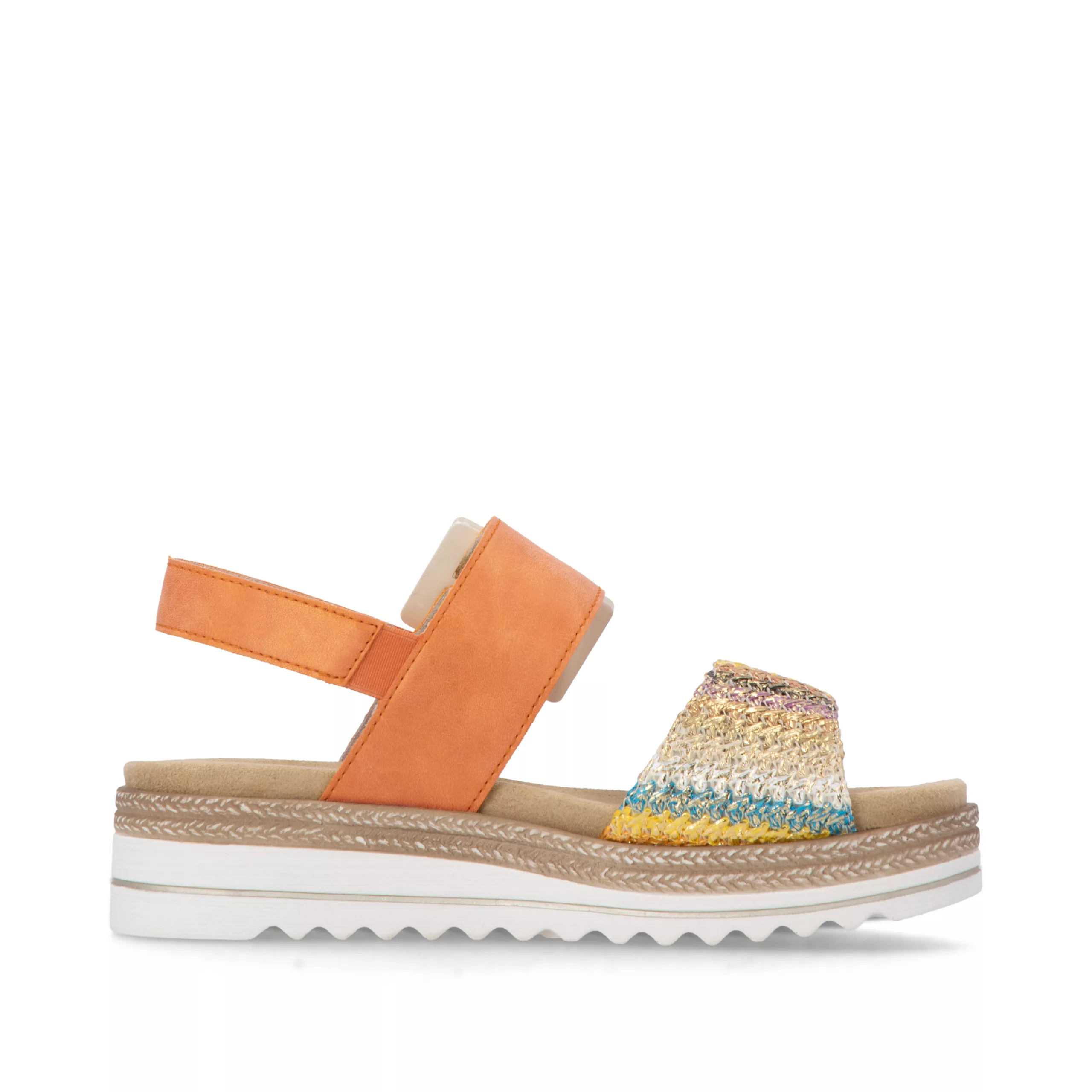 Sandales oranges semelles amovibles pour femme marque Remonte. Référence : D0Q62-38 Orange. Disponible chez Chauss'Family magasin de chaussure à Issoire