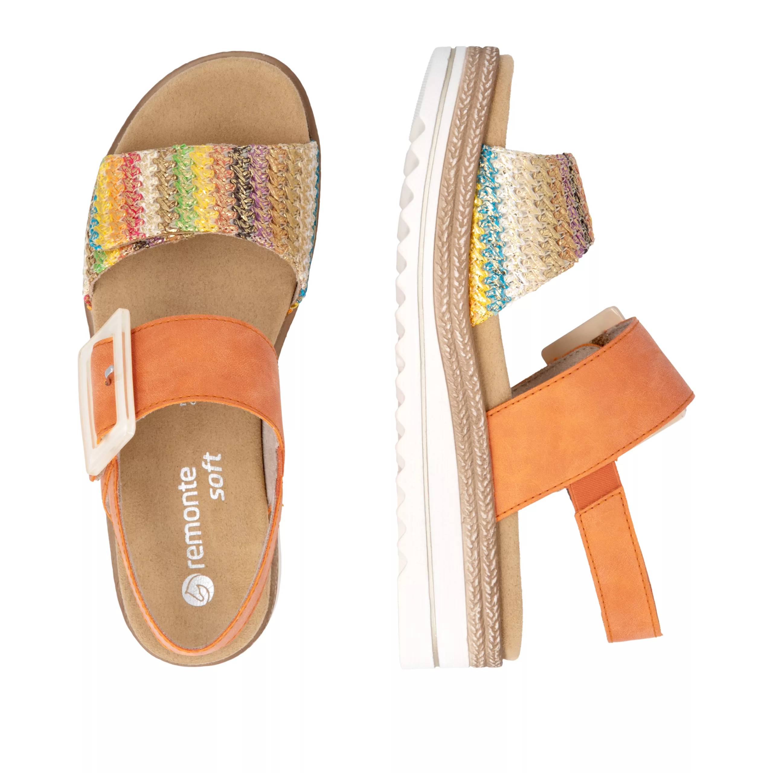 Sandales oranges semelles amovibles pour femme marque Remonte. Référence : D0Q62-38 Orange. Disponible chez Chauss'Family magasin de chaussure à Issoire