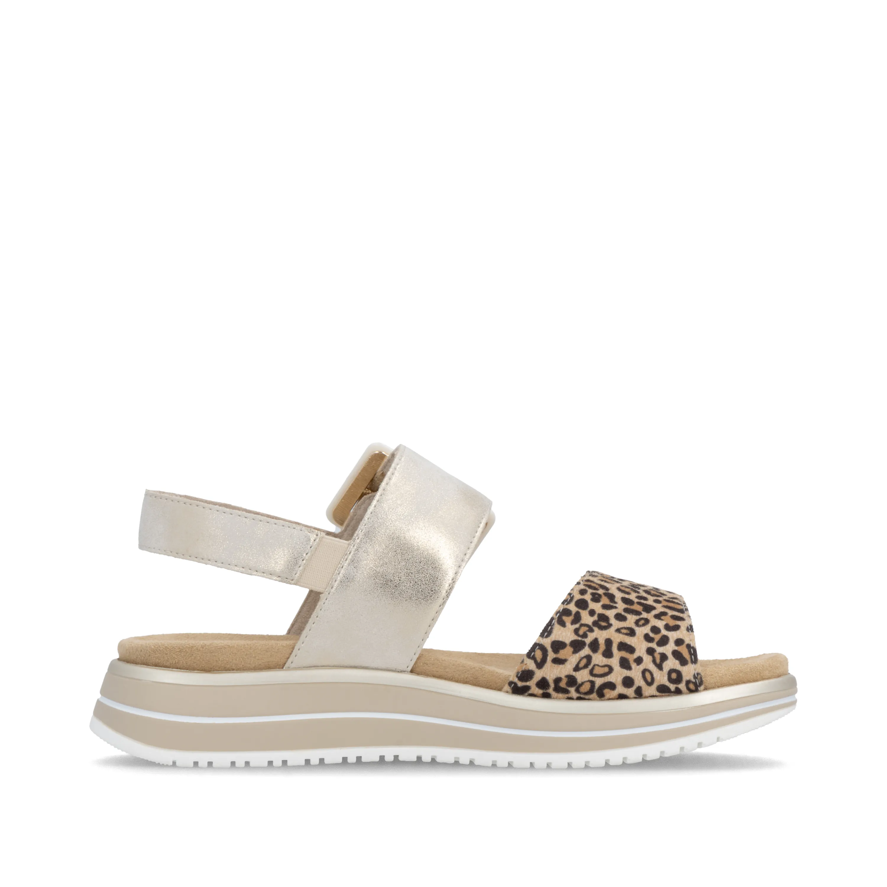 Sandales léopard semelles amovibles pour femme marque Remonte. Référence : D1J53-91 Beige. Disponible chez Chauss'Family magasin de chaussure à Issoire