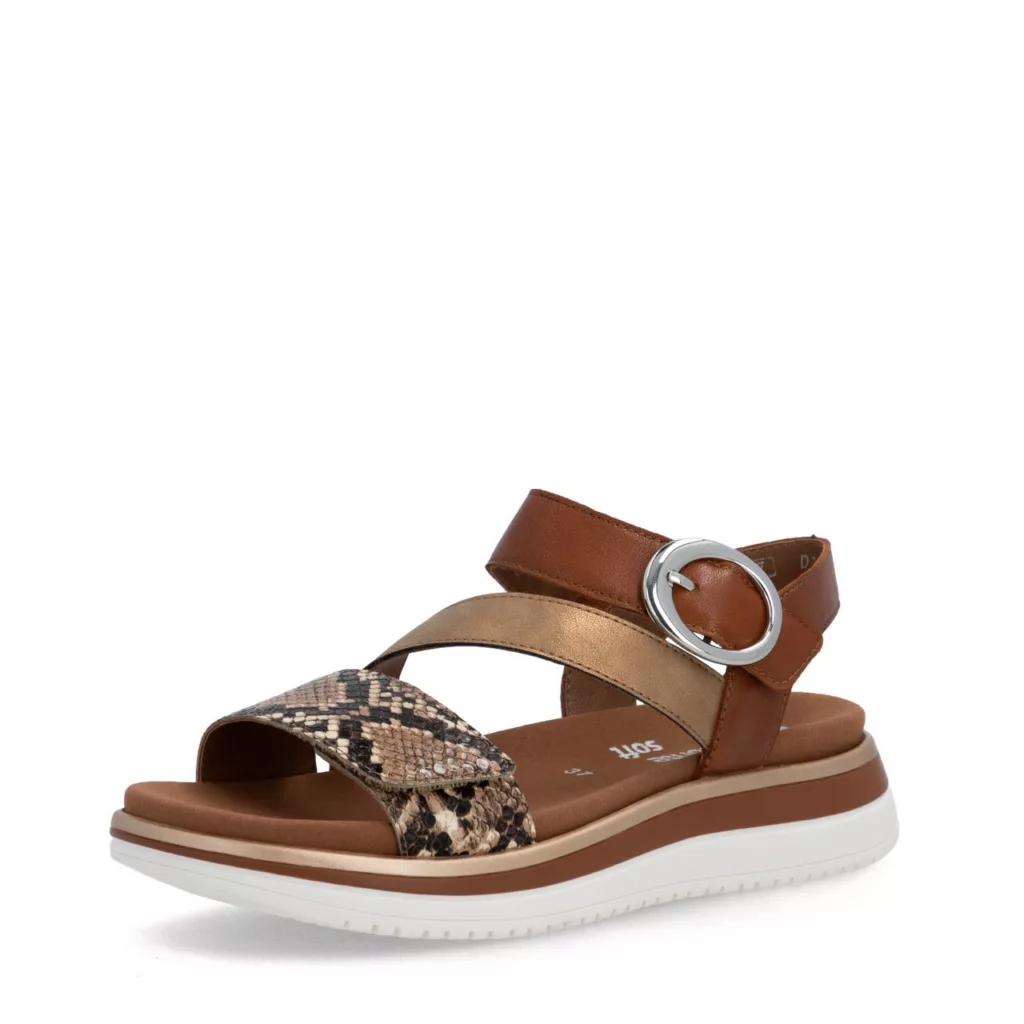 Sandales marron et python pour femme marque Remonte. Référence : D1J64-25  Marron. Disponible chez Chauss'Family magasin de chaussure à Issoire
