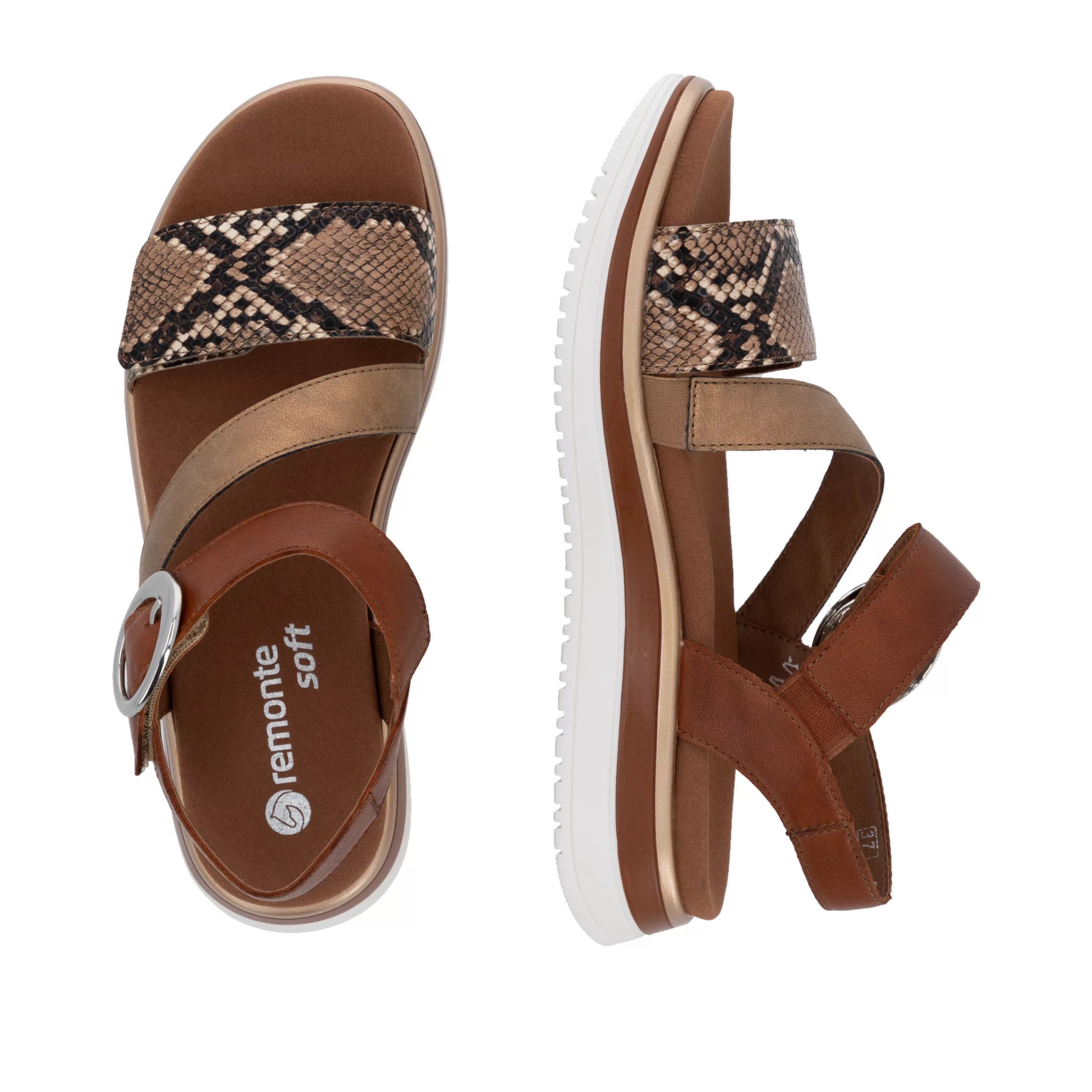 Sandales marron et python pour femme marque Remonte. Référence : D1J64-25 Marron. Disponible chez Chauss'Family magasin de chaussure à Issoire