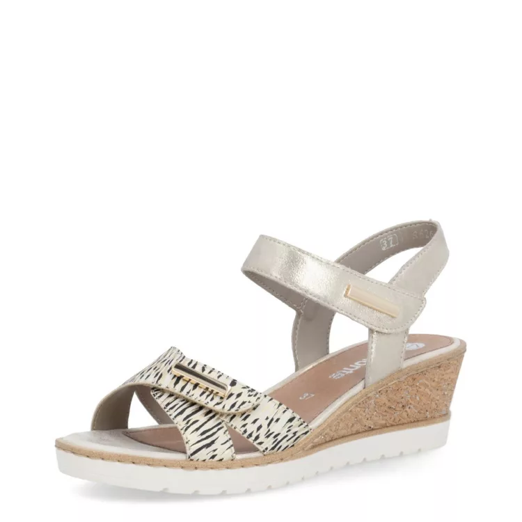 Sandales métalisées compensées pour femme de la marque Remonte. Référence : R6266-90 Métallique. Disponible chez Chauss'Family magasin de chaussures à Issoire