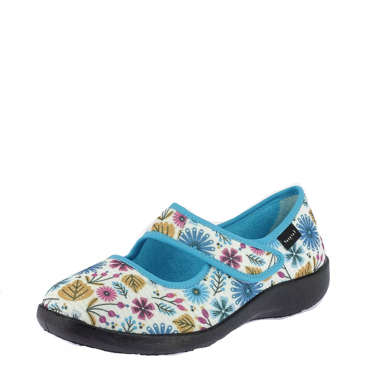 Pantoufles ballerines velcro Fargeot pour femme. Référence : Tsila Turquoise. Disponible chez Chauss'Family magasin de chaussures à Issoire.