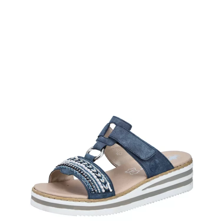 Mules bleues de la marque Rieker. Référence V02M6-15 Bleu . Disponible chez Chauss'Family magasin de chaussures à Issoire.