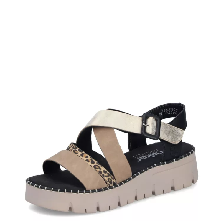 Sandales beiges et noires plateforme Rieker pour femme. Référence V1063-90. Disponible chez Chauss'Family magasin de chaussures pour femme.