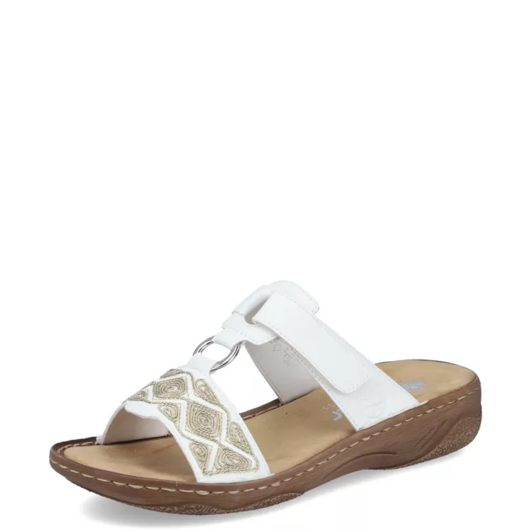 Mules blanches de la marque Rieker. Référence V2864-80 Blanc. Disponible chez Chauss'Family magasin de chaussures à Issoire.
