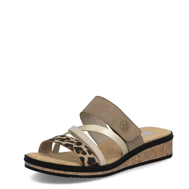 Mules beiges et léopard de la marque Rieker. Référence V3652-62 Beige. Disponible chez Chauss'Family magasin de chaussures à Issoire.