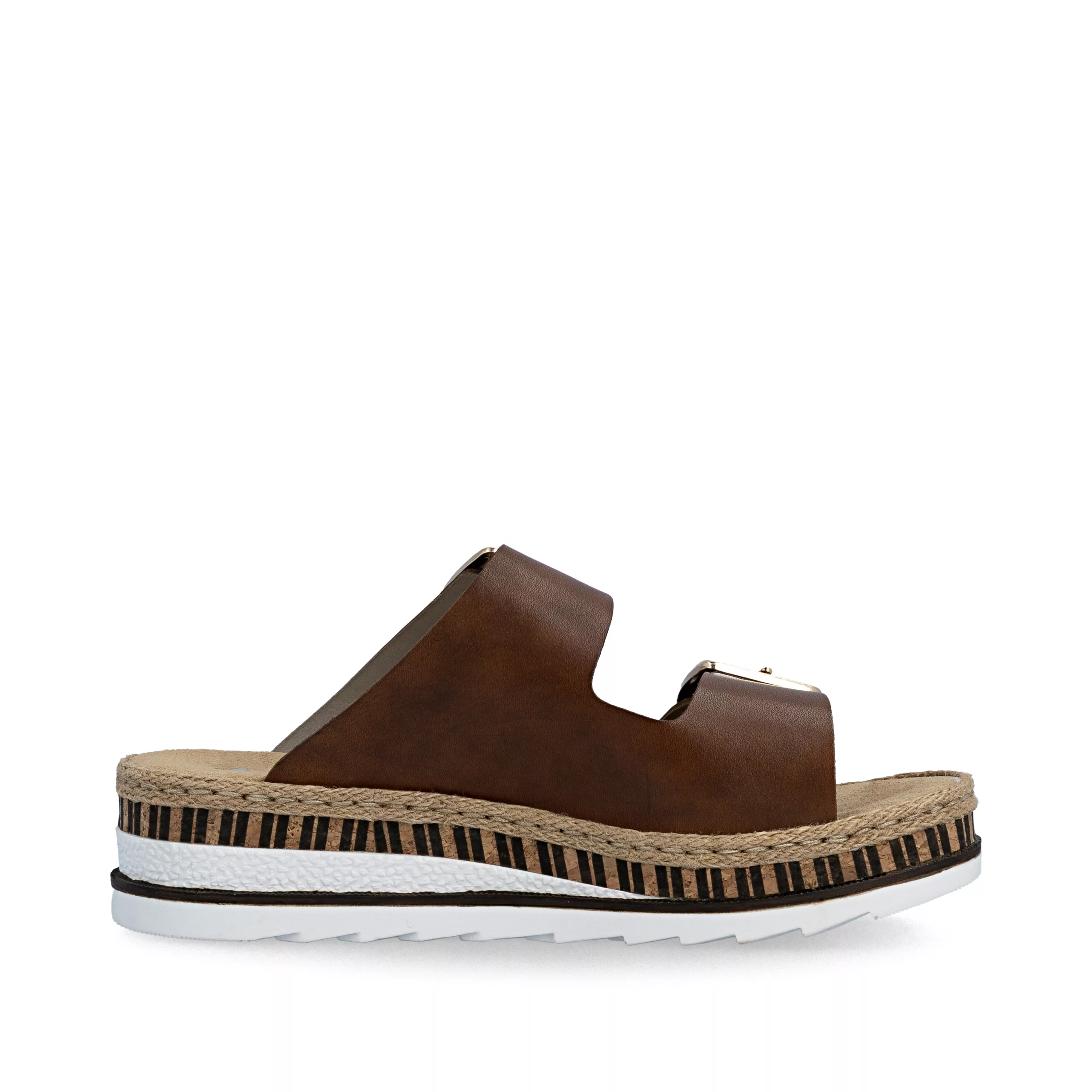 Mules réglables marron de la marque Rieker. Référence V7955-24 Marron. Disponible chez Chauss'Family magasin de chaussures à Issoire.