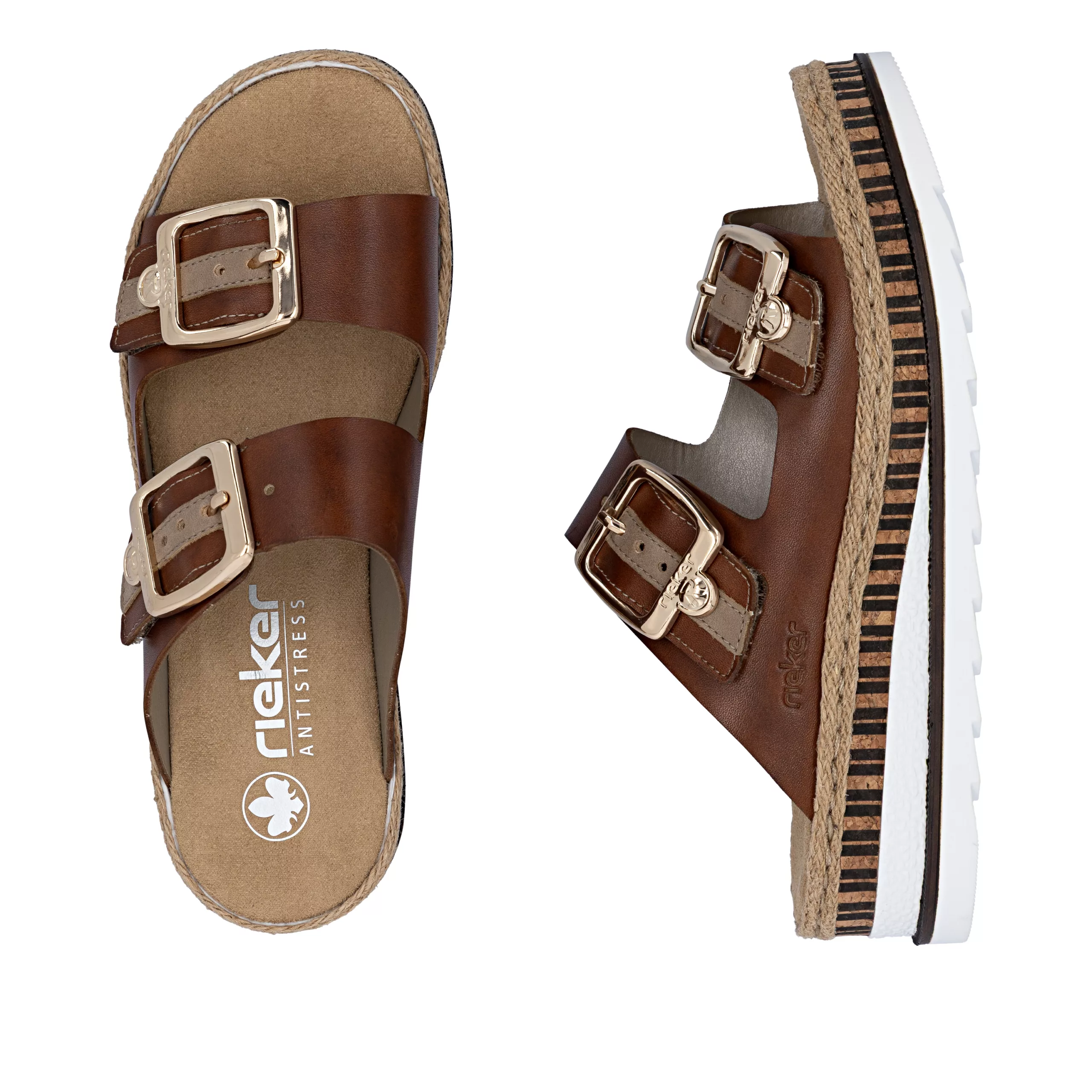 Mules réglables marron de la marque Rieker. Référence V7955-24 Marron. Disponible chez Chauss'Family magasin de chaussures à Issoire.