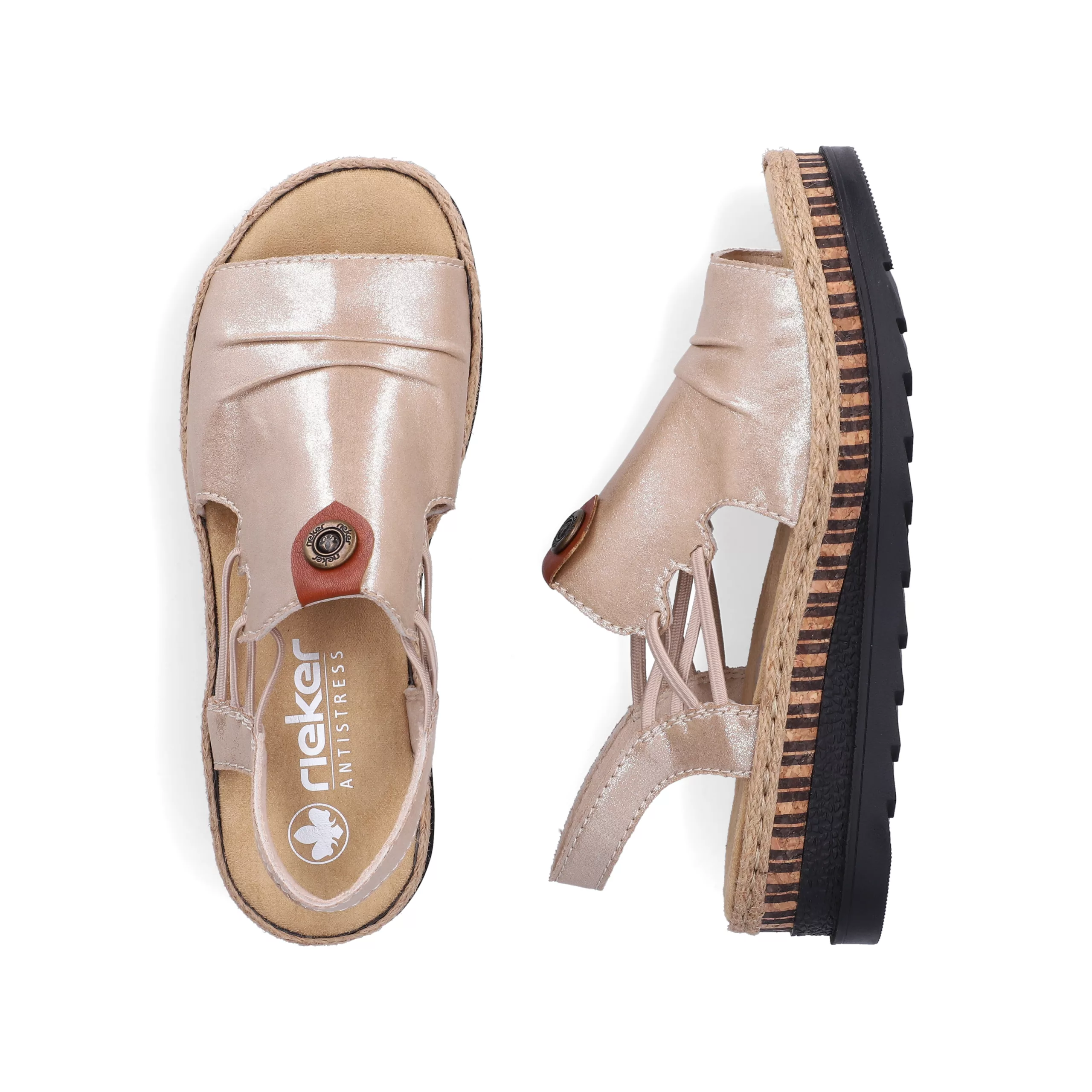 Sandales métallisées Rieker pour femme. Référence V7972-60 Métal. Disponible chez Chauss'Family magasin de chaussures pour femme.