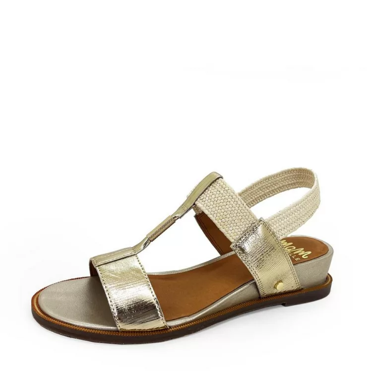 Sandales élastiquées dorées pour femme marque Mam'zelle. Référence : CSG2Q31 Obole Metallic Platine. Disponible chez Chauss'Family magasin de chaussures.